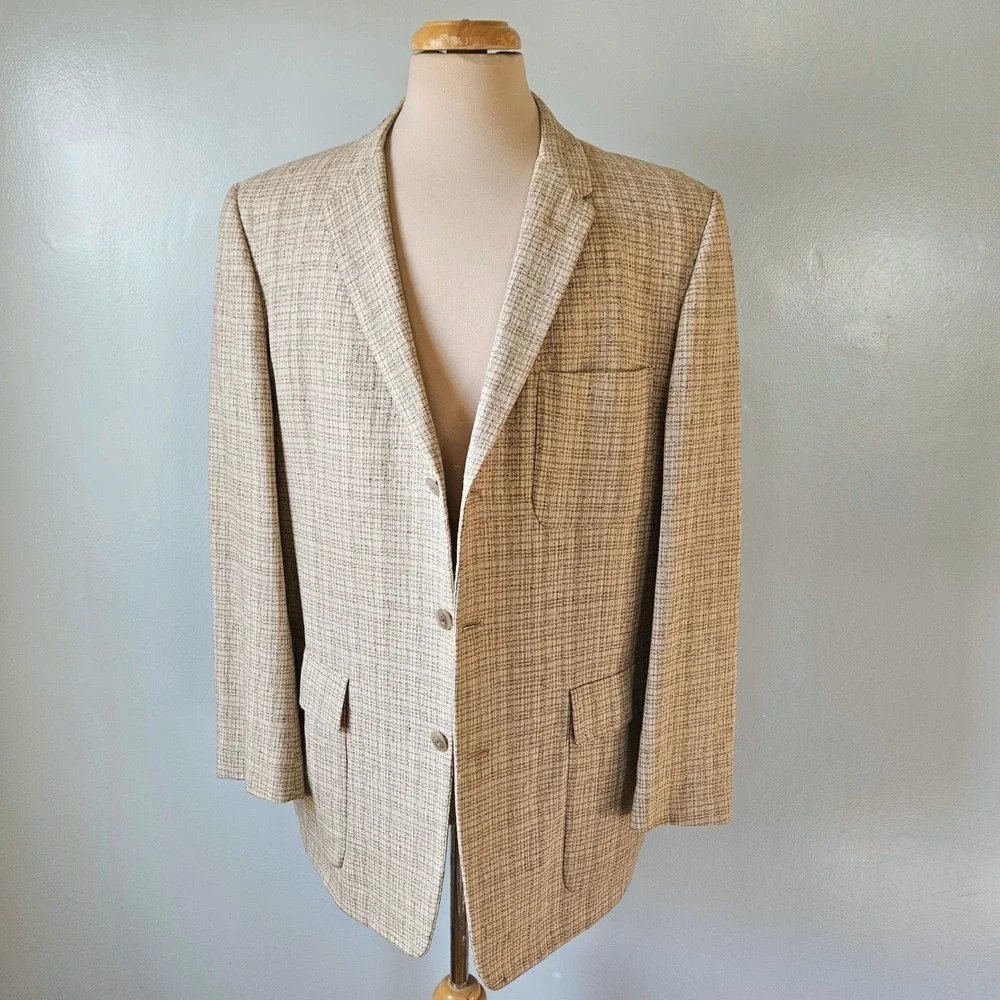 Vtg 50s Blocks Mens Beige Tan Textured Sport Coat Blazer Jacket Union Made 44R